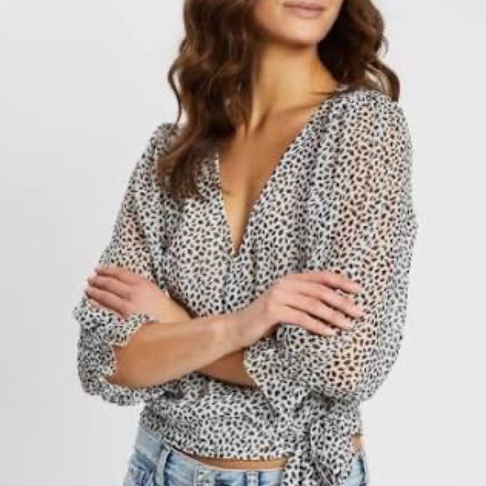 Women's Abercrombie & Fitch Wrap Tie Front Blouse White With Black Specks Size S